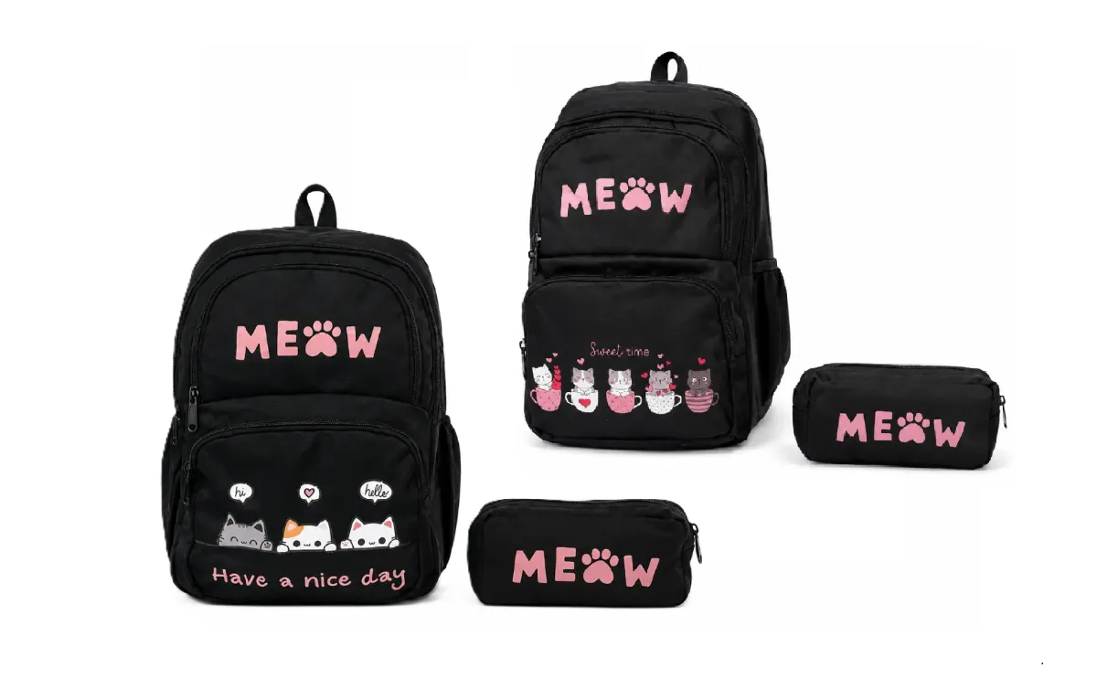 طقم حقيبة مدرسية ومقلمة "MEOW"
